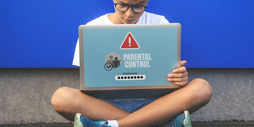 adolescent boy sitting with laptop. Text says Parental Control.