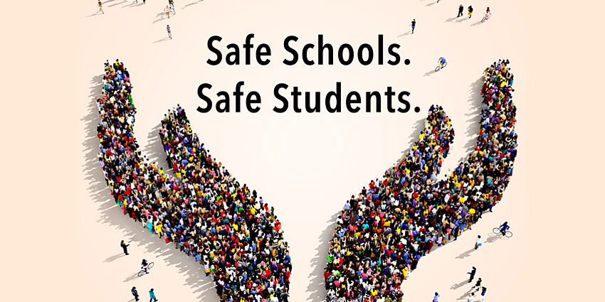 crowd in shape of two hands. Safe Students. Safe Schools.