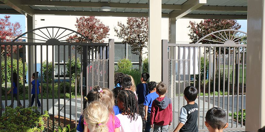 children walking in line through school gate