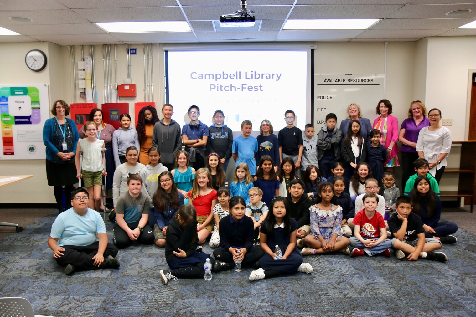 Student participants and district and community leaders pose for a photo at the 2019 Pitch Fest.