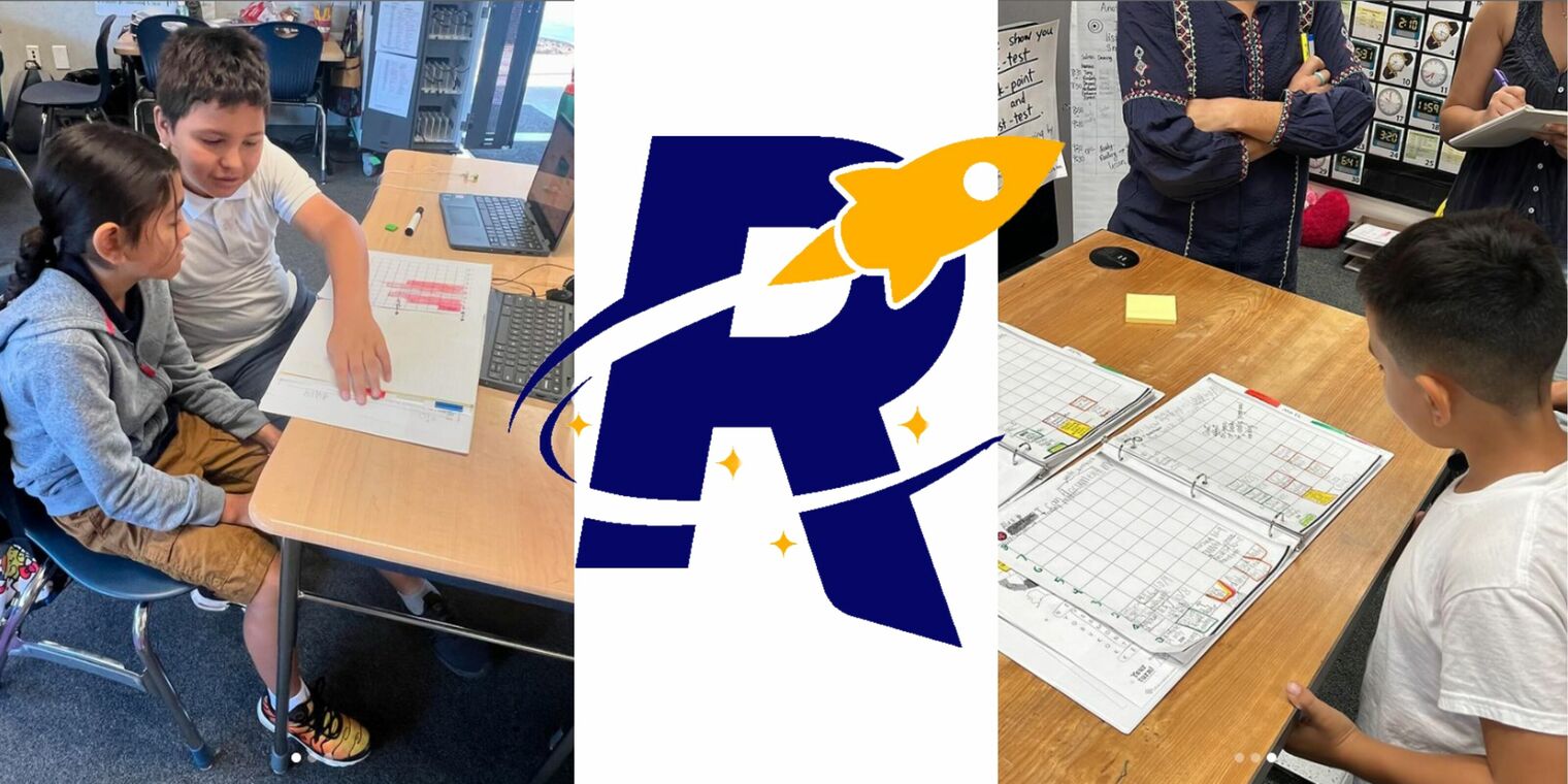 Montage:Left, young girl and boy at a desk reviewing charts. Center, school logo letter R. Right, boy at desk studies his work