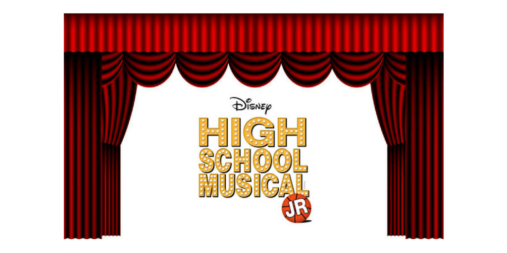 red theater curtains with name of production in center